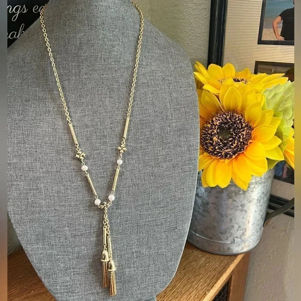 Patricia Nash Gold & Pearls Lariat Y Necklace With 2 Tassels #PNNK